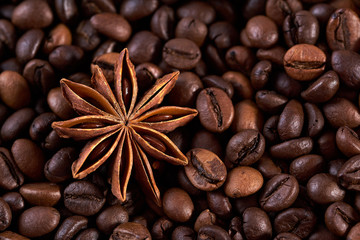 Star anise on a background of coffee beans. closeup. top view.