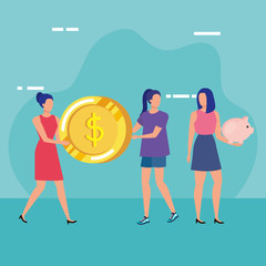 young women with coins dollars characters