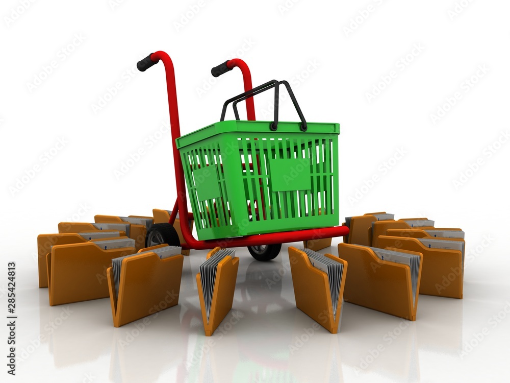 Poster 3d rendering dustbin in shopping cart around folder network