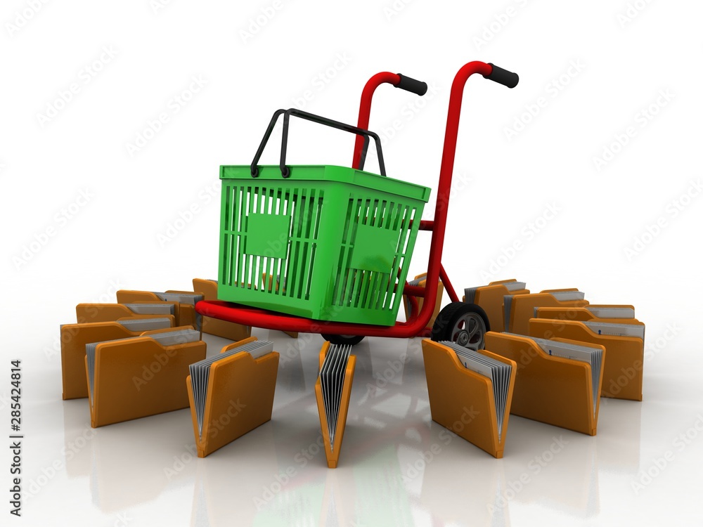 Poster 3d rendering dustbin in shopping cart around folder network