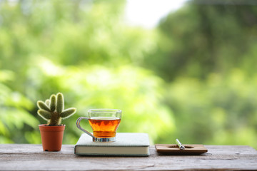 Red tea with small cactus plant in brown pot with diary and notebooks on wooden table 