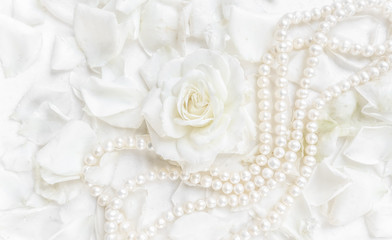 Obraz na płótnie Canvas Beautiful white rose with petals and pearl necklace on white background. Ideal for greeting cards for wedding, birthday, Valentine's Day, Mother's Day