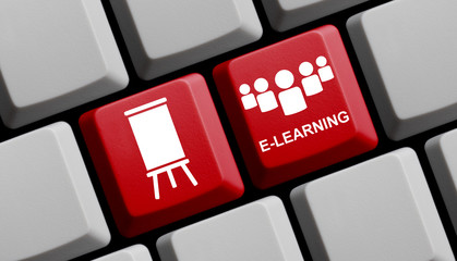 Rote Computer Tastatur zeigt E-Learning