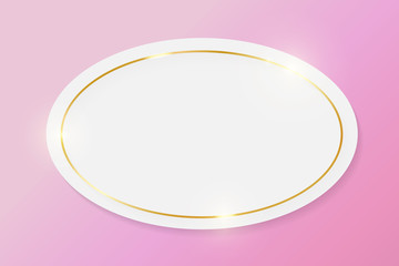 Gold shiny glowing vintage frame on white plate isolated on pink background. Golden luxury realistic border. Wedding, mothers or Valentines day concept. Xmas and New Year paper abstract. Vector