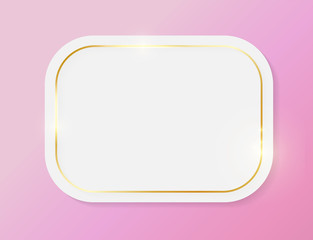 Gold shiny glowing vintage frame on white plate isolated on pink background. Golden luxury realistic border. Wedding, mothers or Valentines day concept. Xmas and New Year paper abstract. Vector