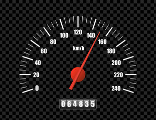 Realistic speedometer isolated on transparent background. Sport car odometer with motor miles measuring scale. Racing speed counter. Engine power concept template. Vector illustration