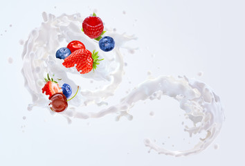 Fresh flowing milk, cream, yogurt splash swirl with ripe strawberries, blueberries, cherry, cranberry, raspberry. Milk shake ad elements with milk, yogurt, cream, berries isolated on milky background