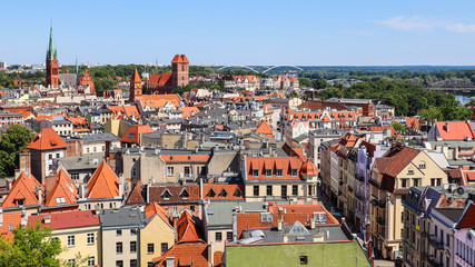 Fototapeta na wymiar Aerial view of historical buildings of medieval town Torun, Poland. August 2019