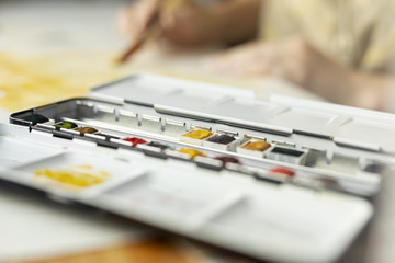 Close-up paint palette with blurred person