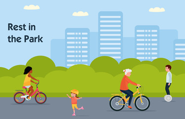 people in the park. outdoor activity. on a Bicycle, on rollers, on a scooter. Modern vector illustration concepts. Vector illustration in a cartoon style
