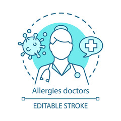 Allergies doctors concept icon. Allergist, immunologist, ENT doctor idea thin line illustration. Allergic diseases, asthma diagnosis and treatment. Vector isolated outline drawing. Editable stroke