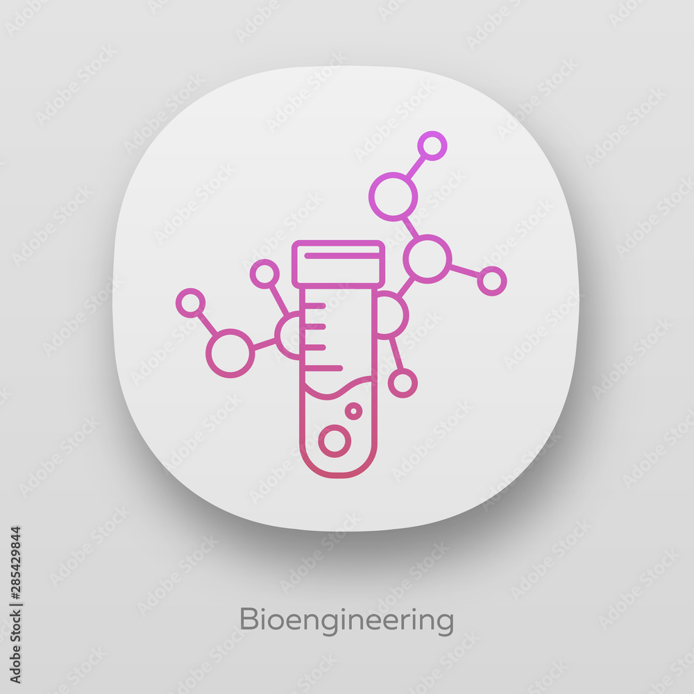 Poster bioengineering app icon. biological engineering. test tube, molecule. biochemistry, biotechnology. l