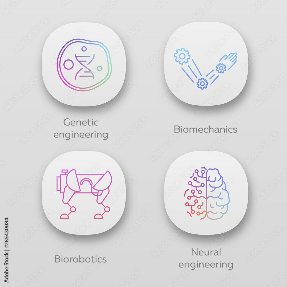 Poster bioengineering app icons set. genetic engineering, biomechanics, biorobotics, neural engineering. bi