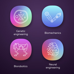 Bioengineering app icons set. Genetic engineering, biomechanics, biorobotics, neural engineering. Biotechnology. UI/UX user interface. Web or mobile applications. Vector isolated illustrations