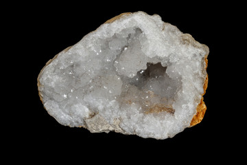 Macro stone mineral quartz geodes on black background
