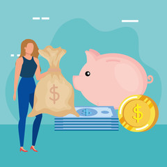 young woman with money bag character