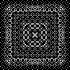 Geometric ornament background in black and white colors. Perfect for fabric design, bandanna, kerchief, tablecloth, carpet, rug, can be used as greeting card, invitation, etc.