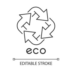 Eco label linear icon. Four angled arrow signs. Recycle symbol. Alternative energy. Environmental protection sticker. Thin line illustration. Contour symbol. Vector isolated drawing. Editable stroke