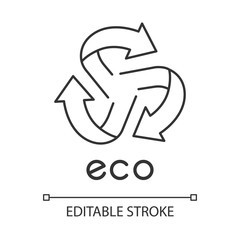 Eco label linear icon. Three rounded arrow coming out of center sign. Recycle symbol. Environmental protection sticker. Thin line illustration. Contour symbol. Vector isolated drawing. Editable stroke