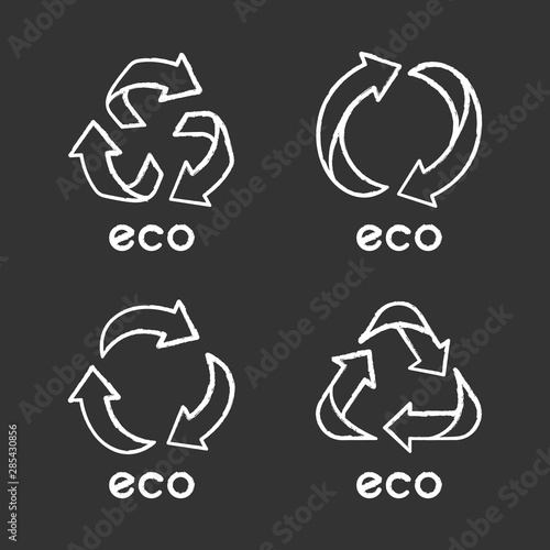 Eco labels chalk icons set - Arrows signs - Recycle symbols - Alternative energy - Eco friendly chemicals - Environmental protection emblems - Organic ...