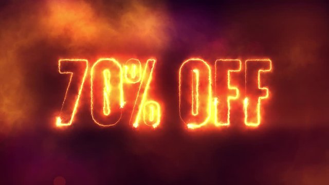 70 percent off burning text symbol in hot fire on black sale  background