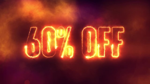 60 percent off burning text symbol in hot fire on black sale  background