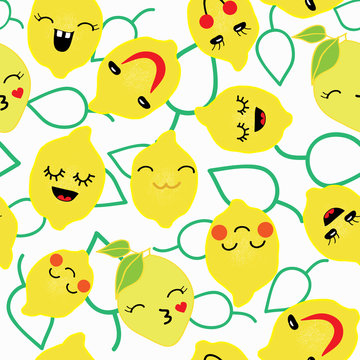 Vector kawaii lemon with cute black eyes seamless pattern kawaii fruit with emotional faces and green leaves outlines seamless pattern