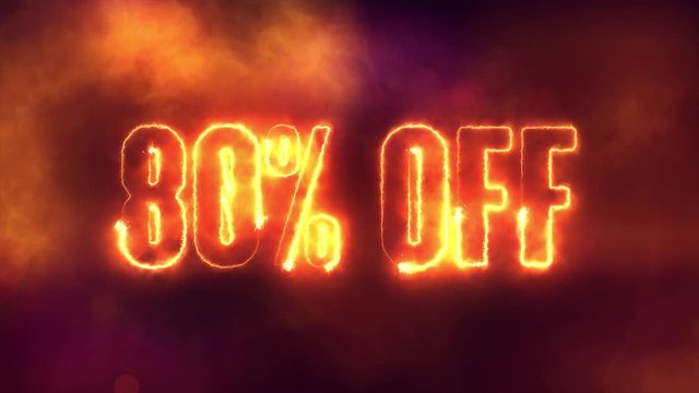 80 percent off burning text symbol in hot fire on black sale  background