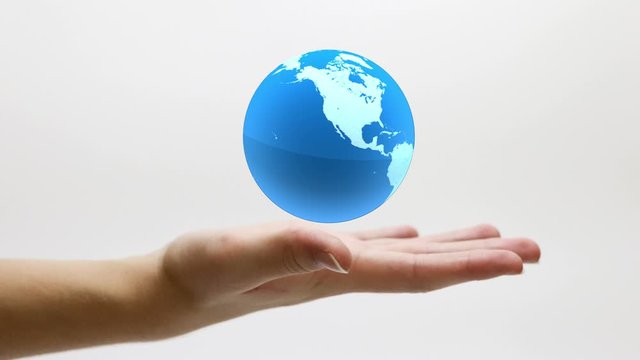 Illustration of Stylized Earth Globe spinning over a human hand Seamless Looping Motion Background Blue