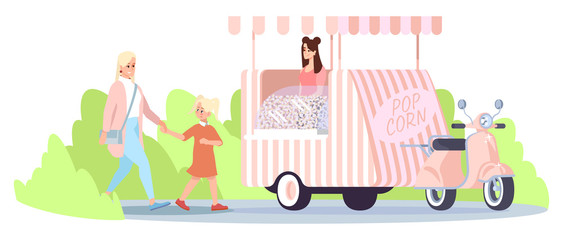 Popcorn food truck flat vector illustration. Mother with daughter walking for buying pop corn at city fair. Street food vehicle, vendor, buyers isolated cartoon characters on white background