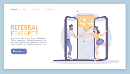 Referral rewards landing page vector template. Marketing business website interface idea with flat illustrations. Company homepage layout. Refer a friend web banner, webpage cartoon concept