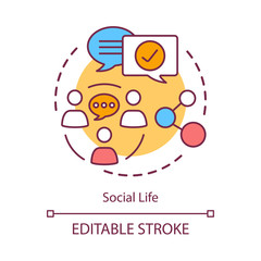 Social life concept icon. Interpersonal relationships, socializing, networking idea thin line illustration. Community communication, human interaction. Vector isolated outline drawing. Editable stroke