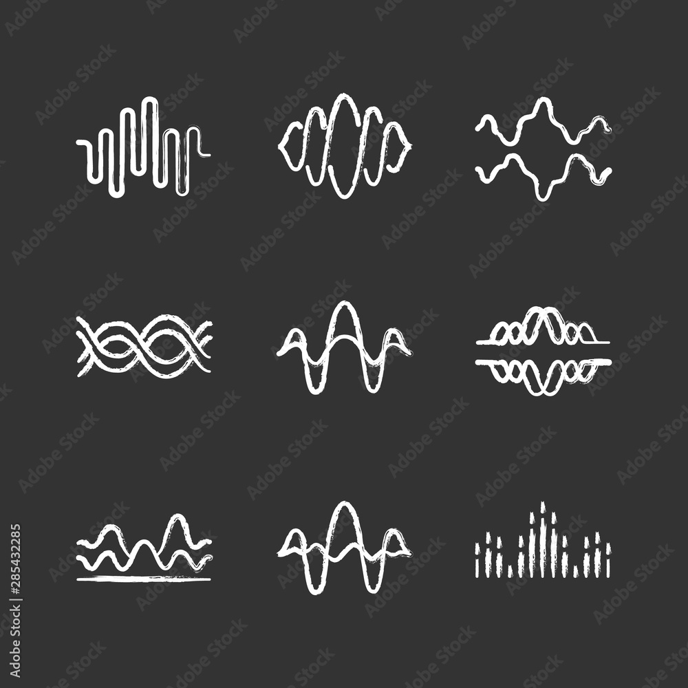 Poster sound and audio waves chalk icons set. voice recording, radio signal waveforms. digital soundwaves. 
