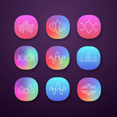 Sound and audio waves app icons set. Voice recording, radio signal waveforms. Digital soundwaves. Melody amplitudes levels. UI/UX interface. Web or mobile applications. Vector isolated illustrations