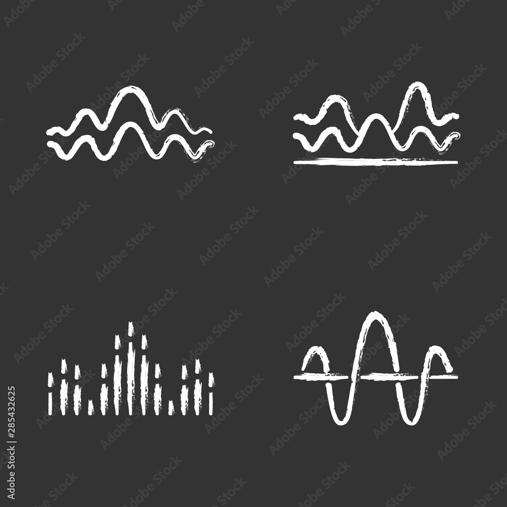 Poster sound waves chalk icons set. noise, vibration frequency. volume, equalizer level wavy lines. music w