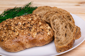 Whole grain bread with seeds of sesame, flax, sunflower, puff pastry.