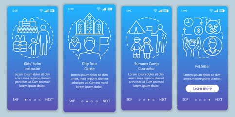 Summer part-time jobs blue onboarding mobile app page screen vector template. Swim instructor, tour guide. Walkthrough website steps with linear illustrations. UX, UI, GUI smartphone interface concept