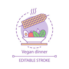 Vegan dinner concept icon. Vegetarian lifestyle idea thin line illustration. Organic food, healthy nutrition. Cooked corn with vegetable salad vector isolated outline drawing. Editable stroke