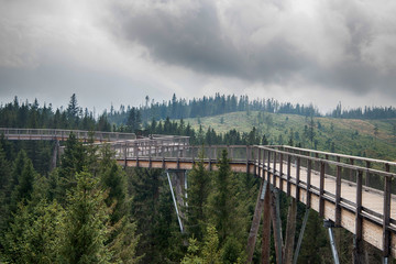 Wooden among the trees with view on Tatra montains, named "Chodn&iacute;k korunami stromov", Zdziar, Slovakia.