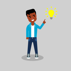 Young happy African American finger pointing at the symbol of an idea. Solution, inspiration, creativity, thinking, problem solved, concept. Having good idea. Vector illustration,flat style,clip art. 