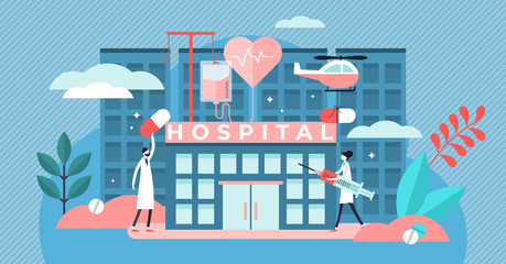 Hospital vector illustration. Flat tiny medical ambulance persons concept.