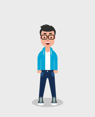 Young man in jeans and sweatshirt smiling. Happy self confident boy dressed casual. Handsome successful young man character. Teenager with a smile. Vector illustration, flat style