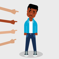 Mocking concept. Being bullied at school or work. People finger pointing at the young African American man. Peer Violence and Bullying, Misfit boy, social anxiety concept. Vector illustration, flat  