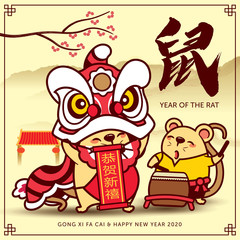 Happy New Year 2020. Chinese New Year. Lion dance with scroll and little rat playing drum. Translation: Year of the Rat. Happy New Year (Scroll) - vector