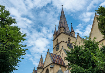 Fototapeta na wymiar Exterior view of the facade of the Lutheran Cathedral of Sibiu (Romania).