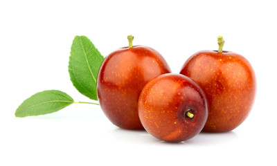 Ripe Ziziphus fruit; Jujube fruit with leaves isolated.
