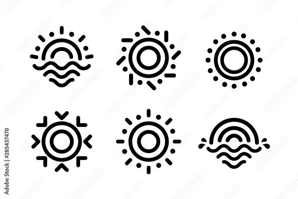 Poster abstract linear sun icons set. unusual outline drawing shape for solar energy business. black line s