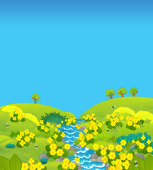 cartoon scene with sunny summer meadow with yellow flowers - illustration for children
