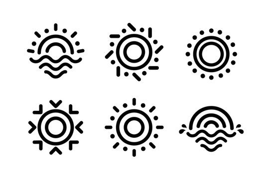 Abstract linear Sun icons set. Unusual outline drawing shape for solar energy business. Black line style logo template. Vector emblems template on white background. EPS10.