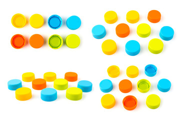 Colorful plastic bottle caps on white background. Collection
